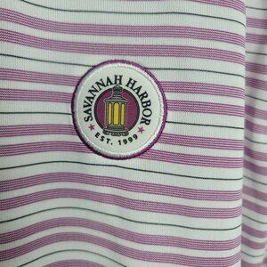 New AHEAD EXTREME Golf POLO  Size Large Savannah Harbor Purple White Stripe
